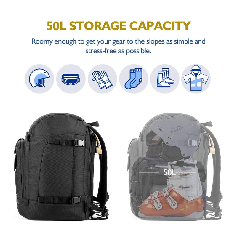 Unigear Ski Boot Bag Backpack for Helmet 50L/70L, Goggles, Gloves, Skis, Snowboard & Accessories (Black) - Image 2